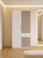 Modern 2-door wardrobe with three drawers, hanging rail, and storage shelves in white and light oak finish.