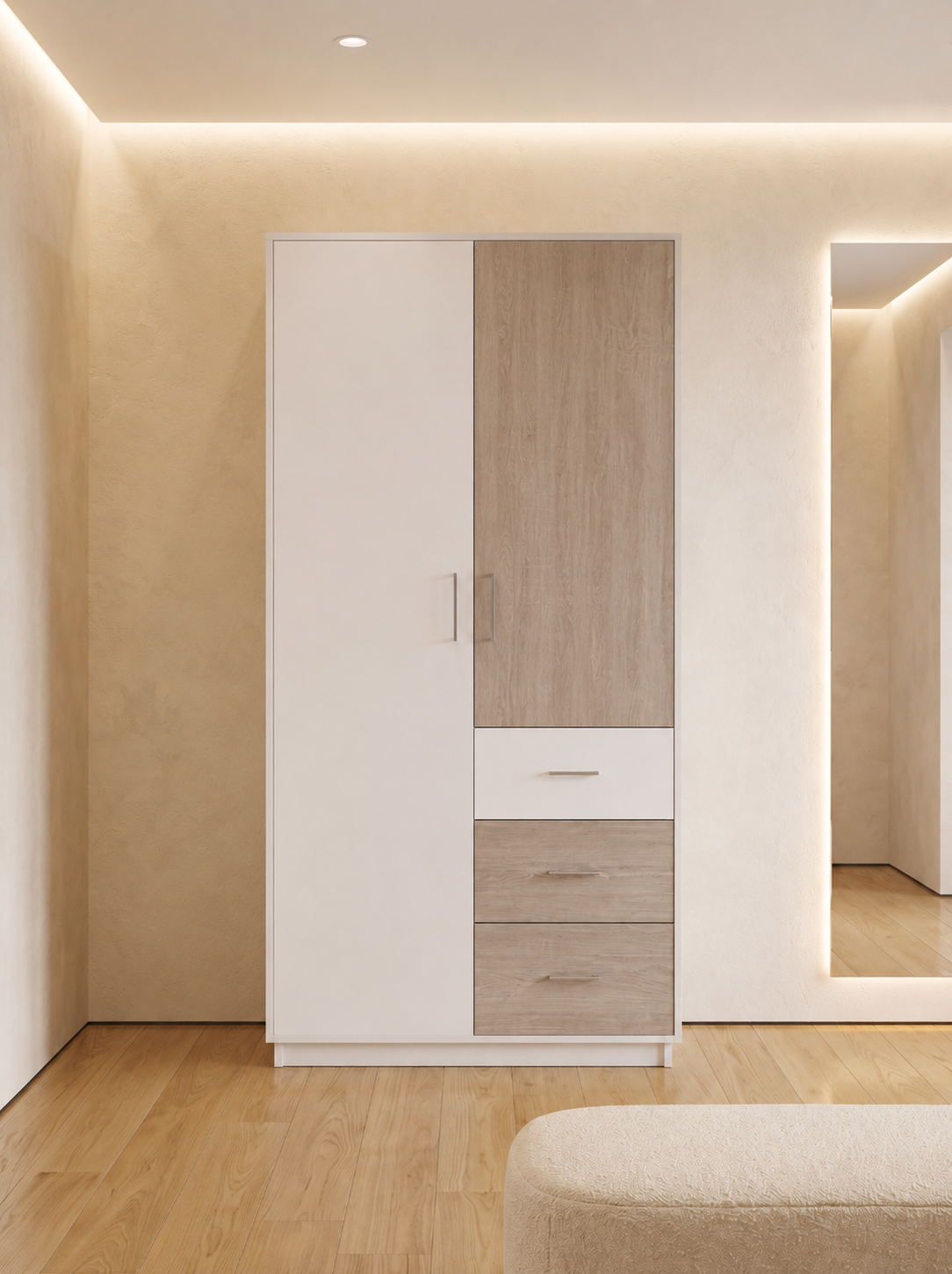 Modern White & Oak 2 Door Wardrobe with 3 Drawers Modern 2-door wardrobe with three drawers, hanging rail, and storage shelves in white and light oak finish.