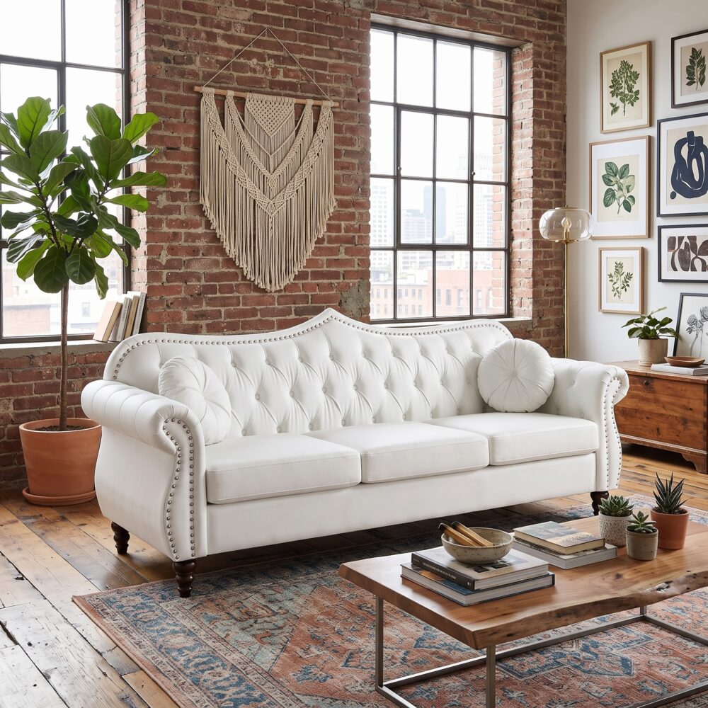 Chester Crown White 3-Seater Chesterfield Sofa