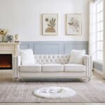 Luxury Chester Diamond Beads White 3-Seater Chesterfield Sofa with crystal button tufting, premium white upholstery, silver nailhead trim, and acrylic legs.