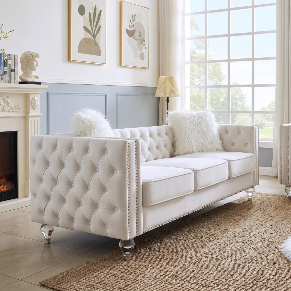 Luxury Chester Diamond Beads White 3-Seater Chesterfield Sofa with crystal button tufting, premium white upholstery, silver nailhead trim, and acrylic legs.
