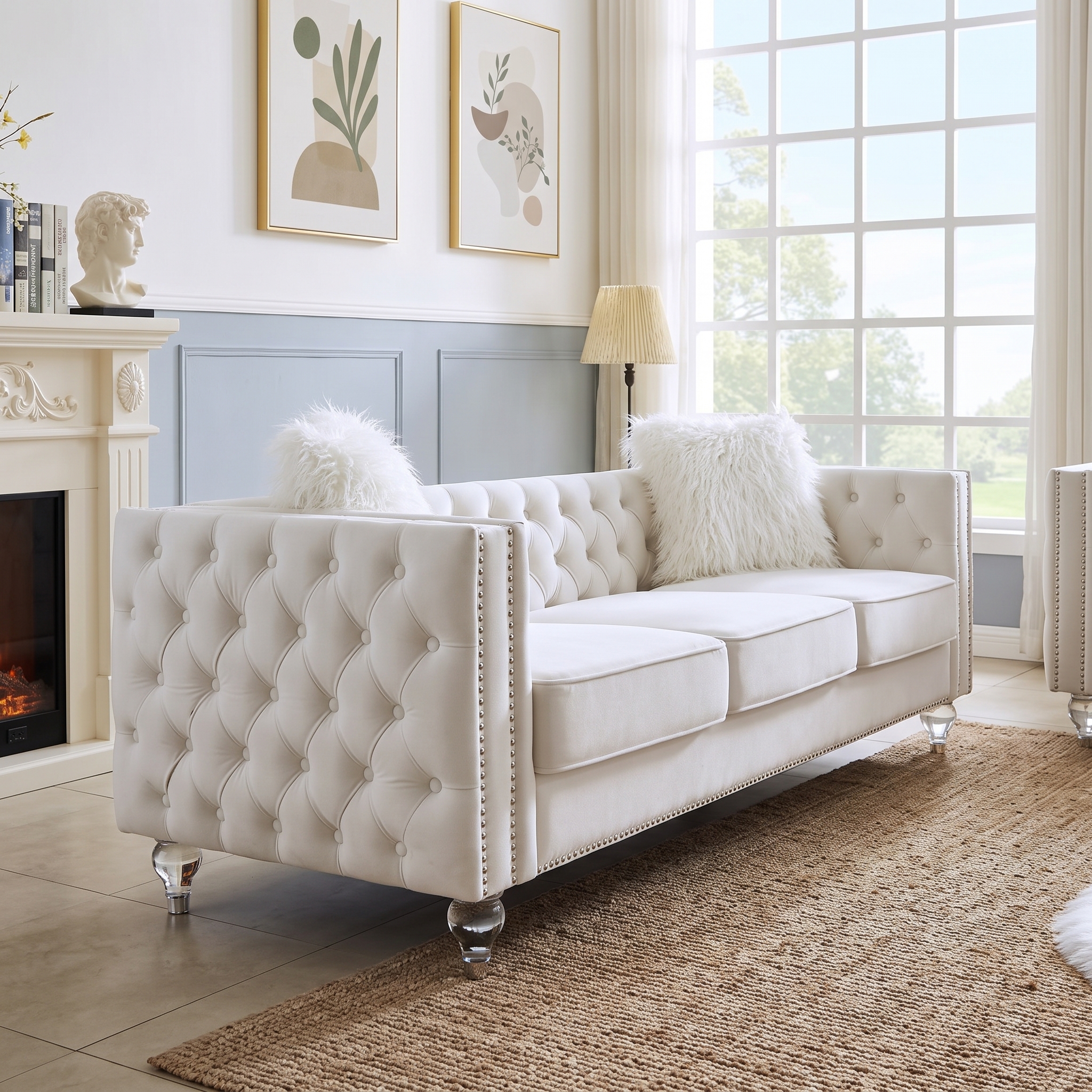 Chester Diamond Beads White Chesterfield Sofa Luxury Chester Diamond Beads White 3-Seater Chesterfield Sofa with crystal button tufting, premium white upholstery, silver nailhead trim, and acrylic legs.