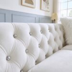 Luxury Chester Diamond Beads White 3-Seater Chesterfield Sofa with crystal button tufting, premium white upholstery, silver nailhead trim, and acrylic legs.