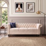 Chester Field Cream 3-Seater Chesterfield Sofa with deep button tufting, rolled arms, premium cream fabric upholstery, and nailhead trim.