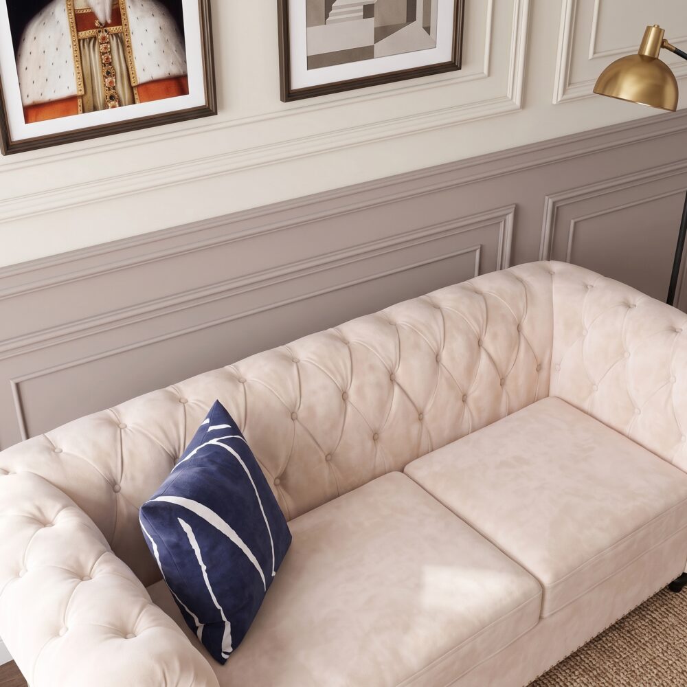 Chester Field Cream 3-Seater Chesterfield Sofa with deep button tufting, rolled arms, premium cream fabric upholstery, and nailhead trim.