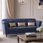 Chester Field Navy Blue 3-Seater Chesterfield Sofa with deep button tufting, premium velvet upholstery, rolled arms, and antique nailhead trim.