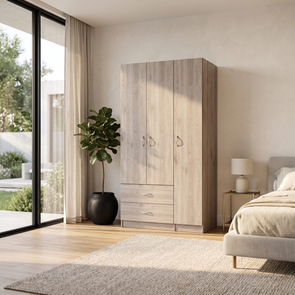 Modern 4-door wooden wardrobe with two bottom drawers in a light oak finish for bedroom storage.