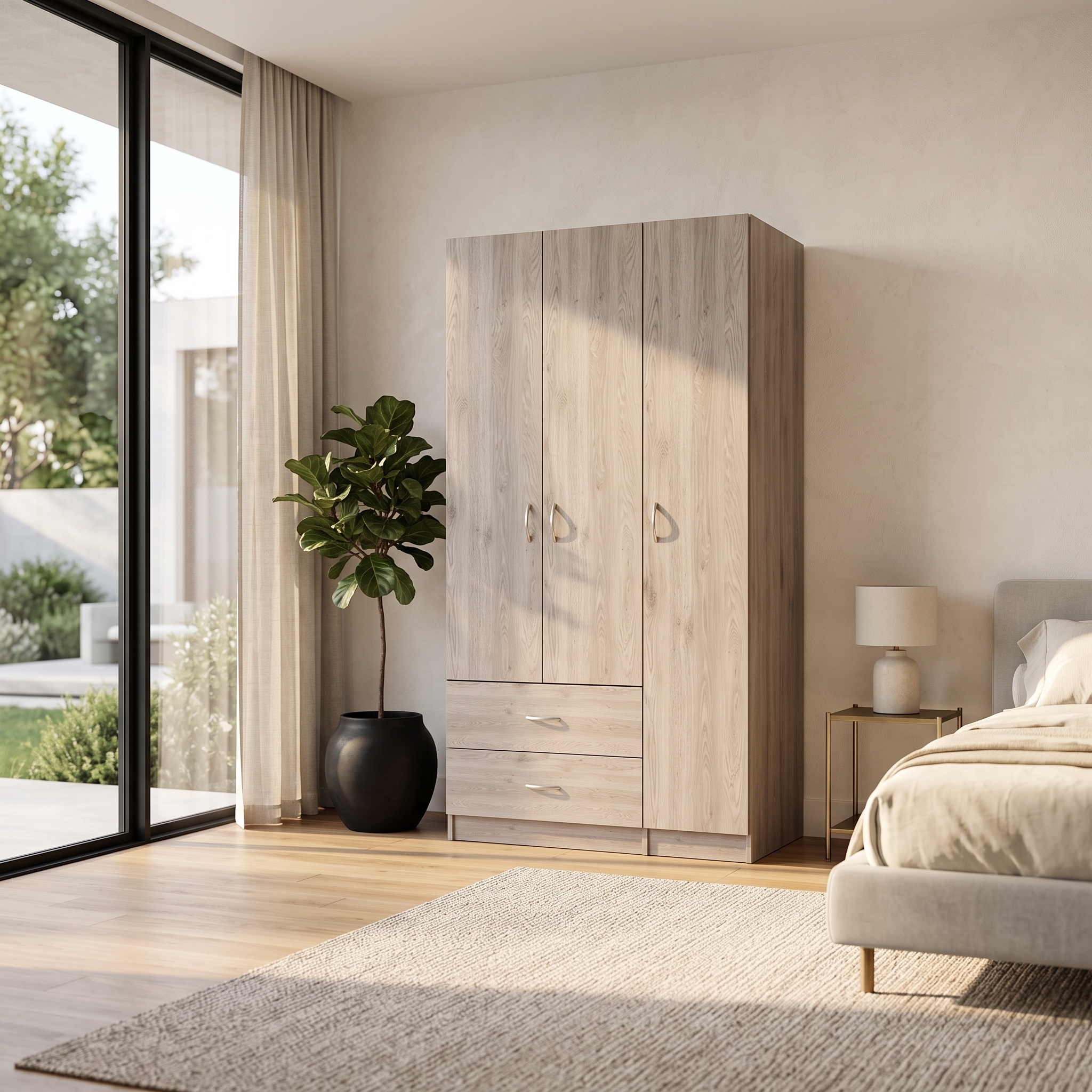 Modern 4 Door Wooden Wardrobe with Drawers Modern 4-door wooden wardrobe with two bottom drawers in a light oak finish for bedroom storage.