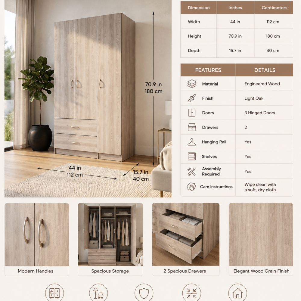 Modern 4-door wooden wardrobe with two bottom drawers in a light oak finish for bedroom storage.