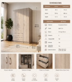 Modern 4-door wooden wardrobe with two bottom drawers in a light oak finish for bedroom storage.