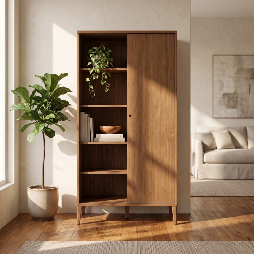 Modern walnut sliding door storage cabinet with open shelves for books, décor, and home organization.