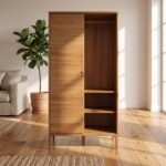 Modern walnut sliding door storage cabinet with open shelves for books, décor, and home organization.
