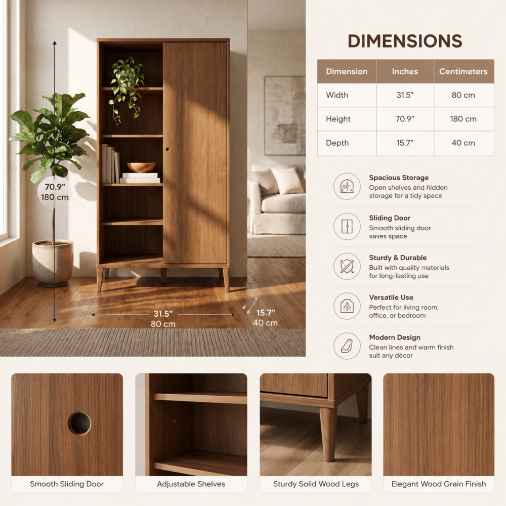 Modern walnut sliding door storage cabinet with open shelves for books, décor, and home organization.