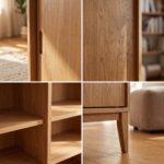 Modern walnut sliding door storage cabinet with open shelves for books, décor, and home organization.