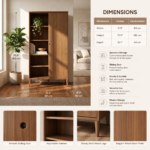 Modern walnut sliding door storage cabinet with open shelves for books, décor, and home organization.