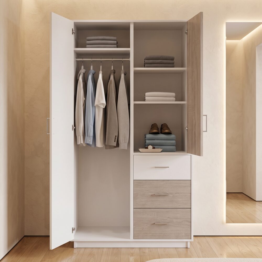 Modern 2-door wardrobe with three drawers, hanging rail, and storage shelves in white and light oak finish.