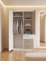 Modern 2-door wardrobe with three drawers, hanging rail, and storage shelves in white and light oak finish.