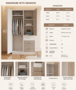 Modern white and oak wardrobe featuring two doors, hanging rail, storage shelves, cubbies, and three spacious drawers for bedroom organization.