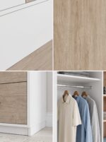 Modern 2-door wardrobe with three drawers, hanging rail, and storage shelves in white and light oak finish.