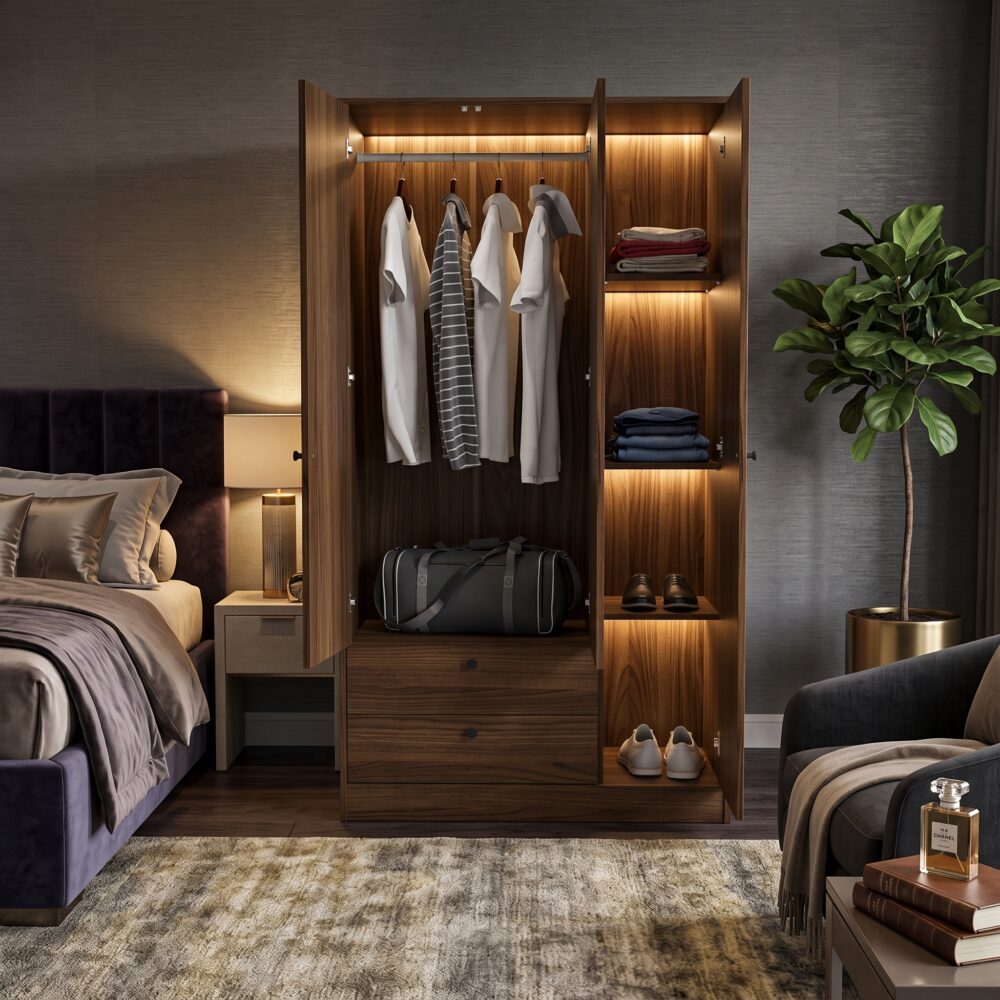 Modern 3-door walnut wardrobe with two drawers, hanging rail, and storage shelves for bedroom organization.
