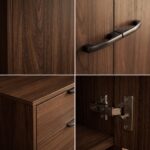 Modern 3-door walnut wardrobe with two drawers, hanging rail, and storage shelves for bedroom organization.