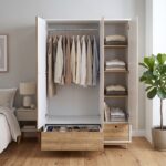 Modern 3-door wardrobe with hanging rail, storage shelves, and two drawers in a white and natural oak finish.