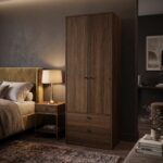 Modern walnut 2-door wardrobe with hanging rail, interior shelves, and large bottom storage drawer.