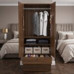 Modern walnut 2-door wardrobe with hanging rail, interior shelves, and large bottom storage drawer.