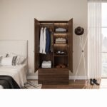 Modern walnut 2-door wardrobe with hanging rail, interior shelves, and large bottom storage drawer.