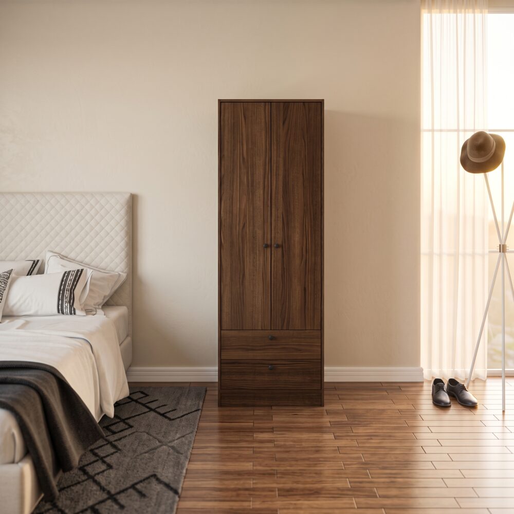 Modern walnut 2-door wardrobe with hanging rail, interior shelves, and large bottom storage drawer.