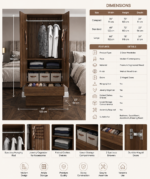 Modern 3-door walnut wardrobe with two drawers, hanging rail, and storage shelves for bedroom organization.