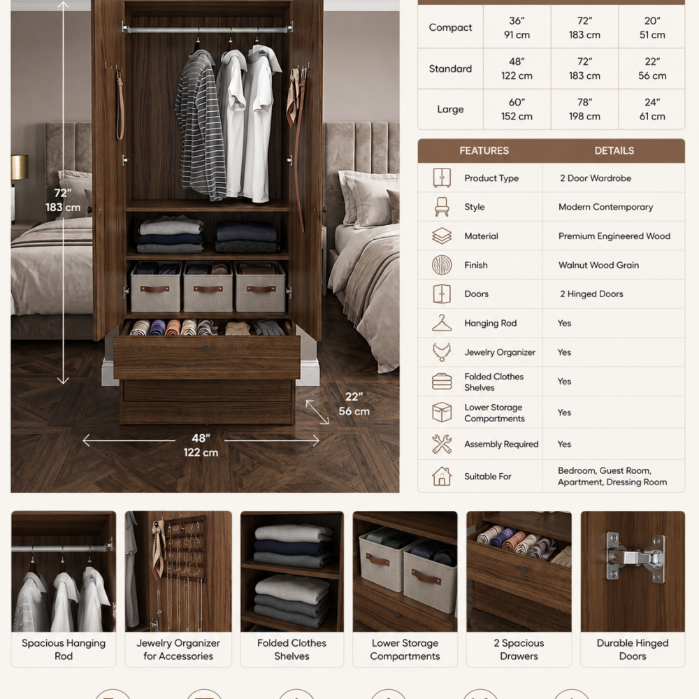 Walnut 2 Door Wardrobe with Jewelry Organizer