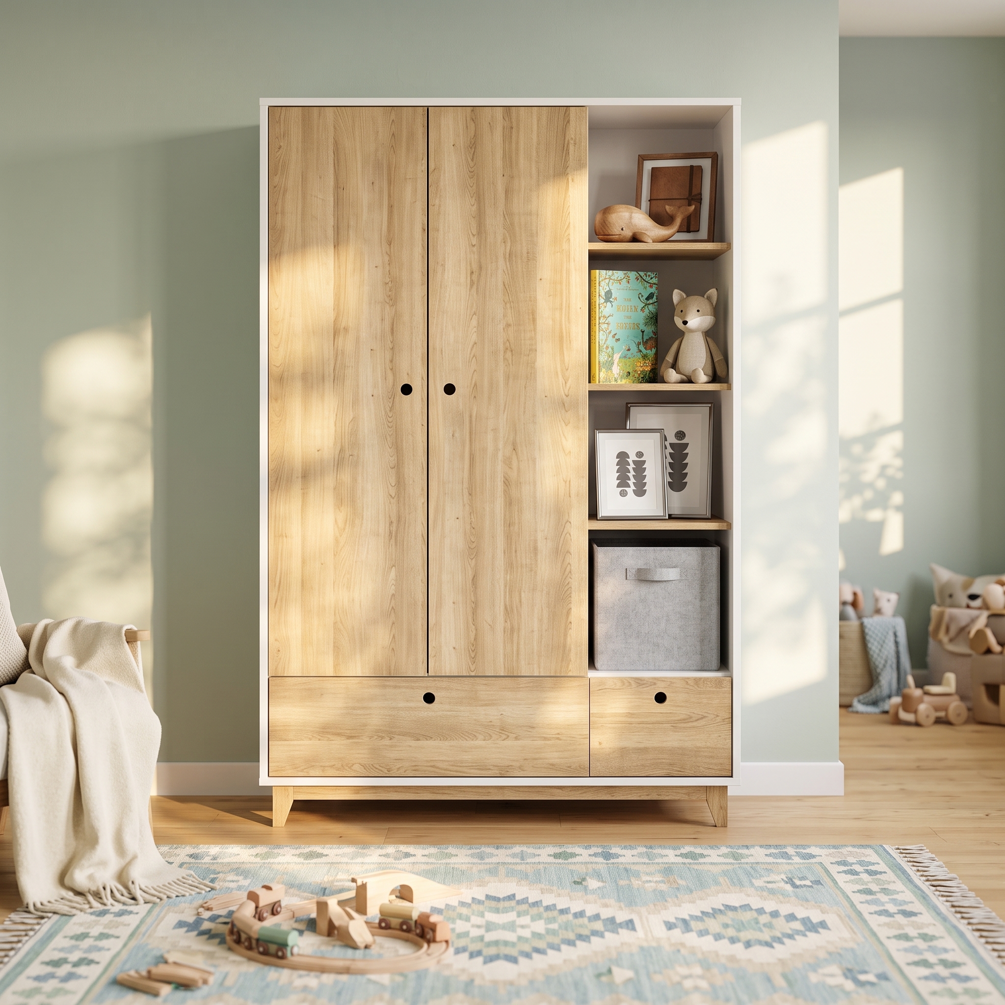 Cupboard 11-A Modern 3 Door Wardrobe with 2 Drawers | White & Oak Bedroom Closet - Image 1