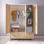 Modern kids wardrobe with two doors, open shelves, and two storage drawers in natural oak and white finish.