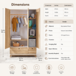 Modern kids wardrobe with two doors, open shelves, and two storage drawers in natural oak and white finish.