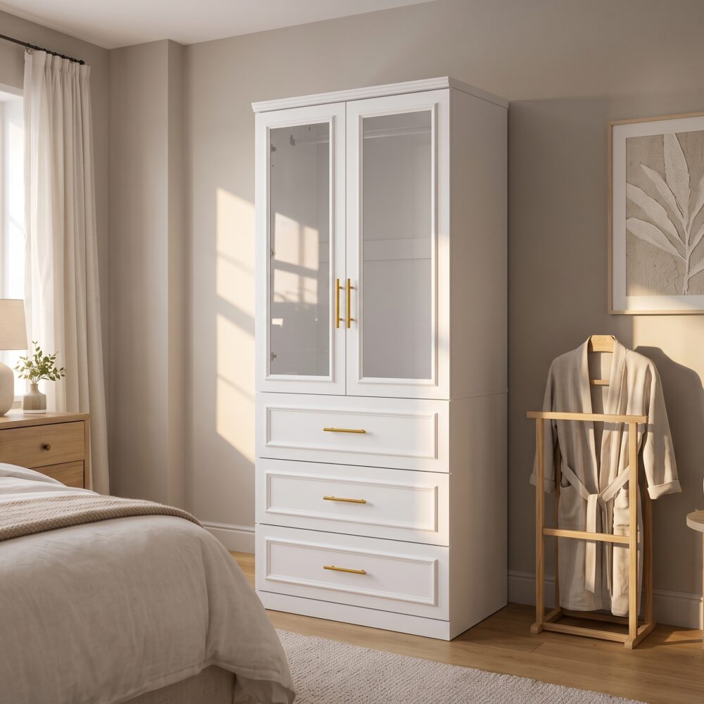 Modern white wardrobe cabinet with framed glass doors, adjustable shelves, and three storage drawers for bedroom organization.