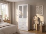 Modern white wardrobe cabinet with framed glass doors, adjustable shelves, and three storage drawers for bedroom organization.