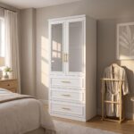 Modern white wardrobe cabinet with framed glass doors, adjustable shelves, and three storage drawers for bedroom organization.
