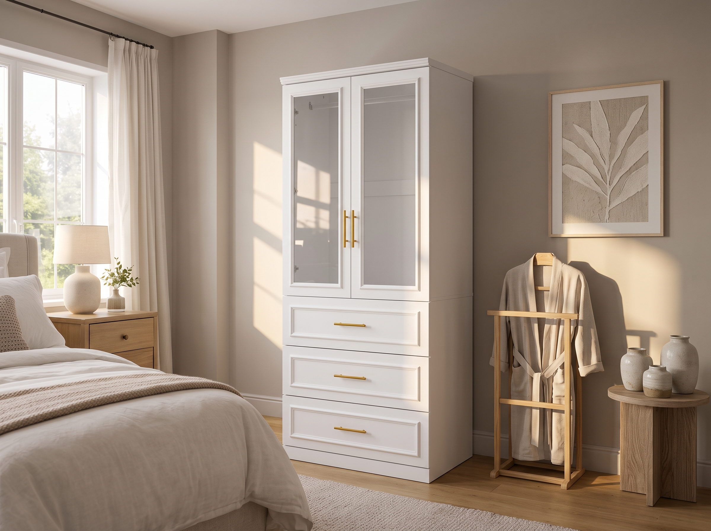 Modern White Wardrobe Cabinet with Glass Doors & 3 Drawers Modern white wardrobe cabinet with framed glass doors, adjustable shelves, and three storage drawers for bedroom organization.