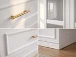Modern white wardrobe cabinet with framed glass doors, adjustable shelves, and three storage drawers for bedroom organization.