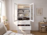Modern white wardrobe cabinet with framed glass doors, adjustable shelves, and three storage drawers for bedroom organization.