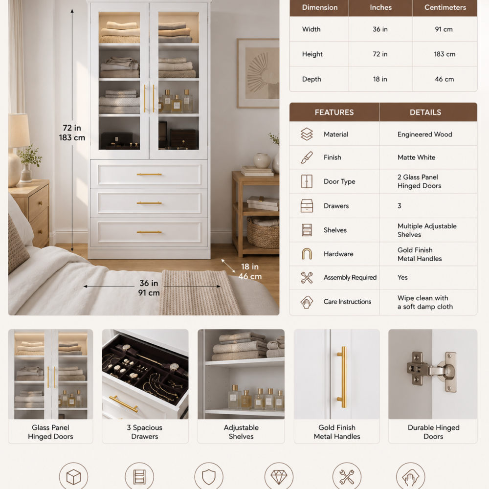 Modern white wardrobe cabinet with framed glass doors, adjustable shelves, and three storage drawers for bedroom organization.