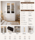 Modern white wardrobe cabinet with framed glass doors, adjustable shelves, and three storage drawers for bedroom organization.