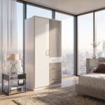 Modern white and oak wardrobe featuring two doors, hanging rail, storage shelves, cubbies, and three spacious drawers for bedroom organization.