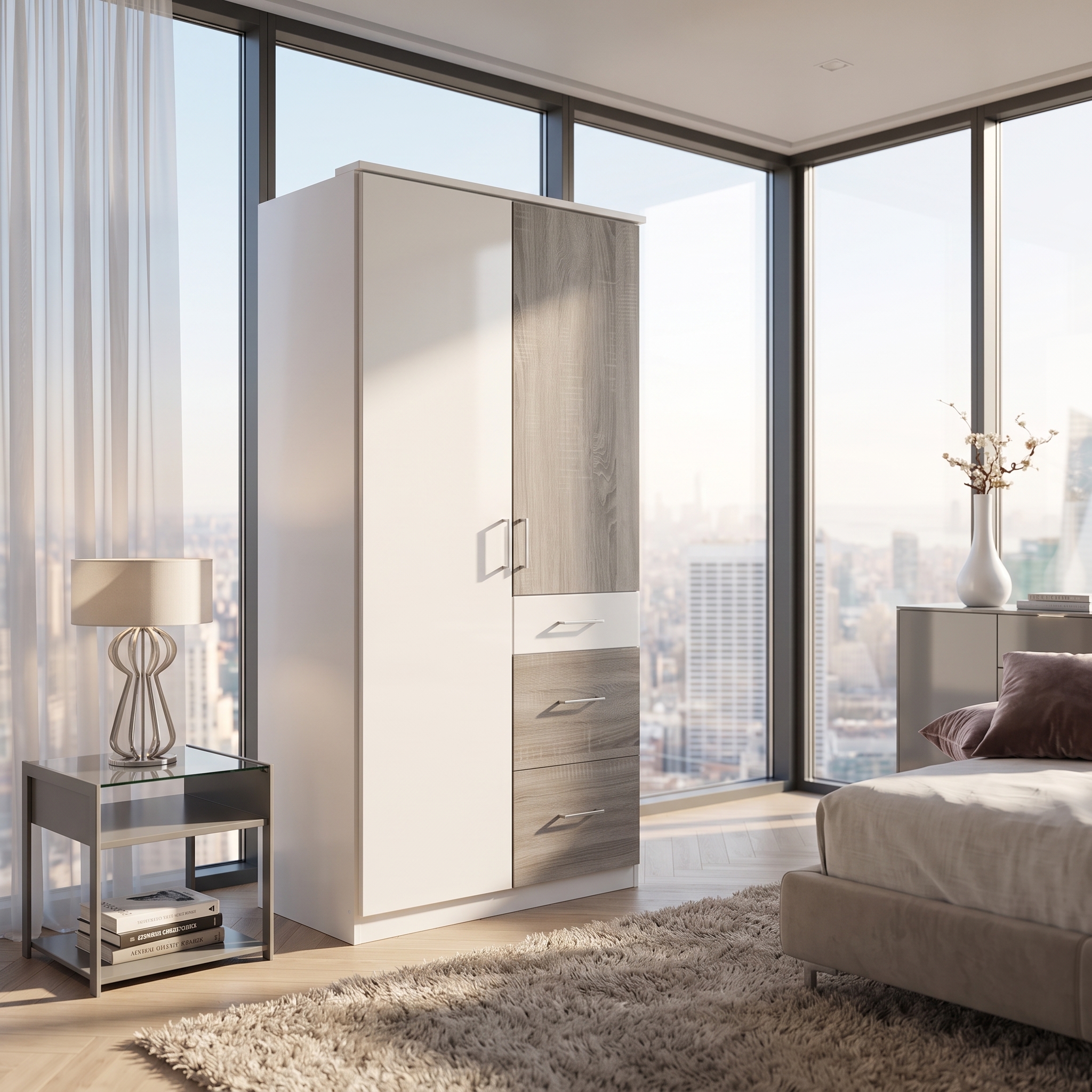 Modern 2 Door Wardrobe with Shelves, Hanging Rail & 3 Drawers Modern white and oak wardrobe featuring two doors, hanging rail, storage shelves, cubbies, and three spacious drawers for bedroom organization.