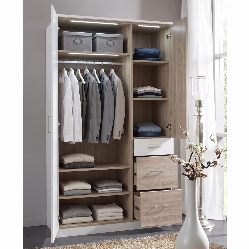 Modern white and oak wardrobe featuring two doors, hanging rail, storage shelves, cubbies, and three spacious drawers for bedroom organization.
