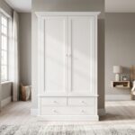 Modern white 2-door wardrobe with four drawers, hanging rail, adjustable shelves, and spacious bedroom storage for clothes, linens, and accessories.