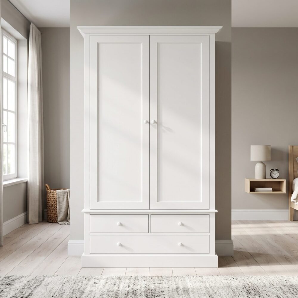 Modern white 2-door wardrobe with four drawers, hanging rail, adjustable shelves, and spacious bedroom storage for clothes, linens, and accessories.
