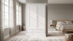 Modern white 2-door wardrobe with four drawers, hanging rail, adjustable shelves, and spacious bedroom storage for clothes, linens, and accessories.