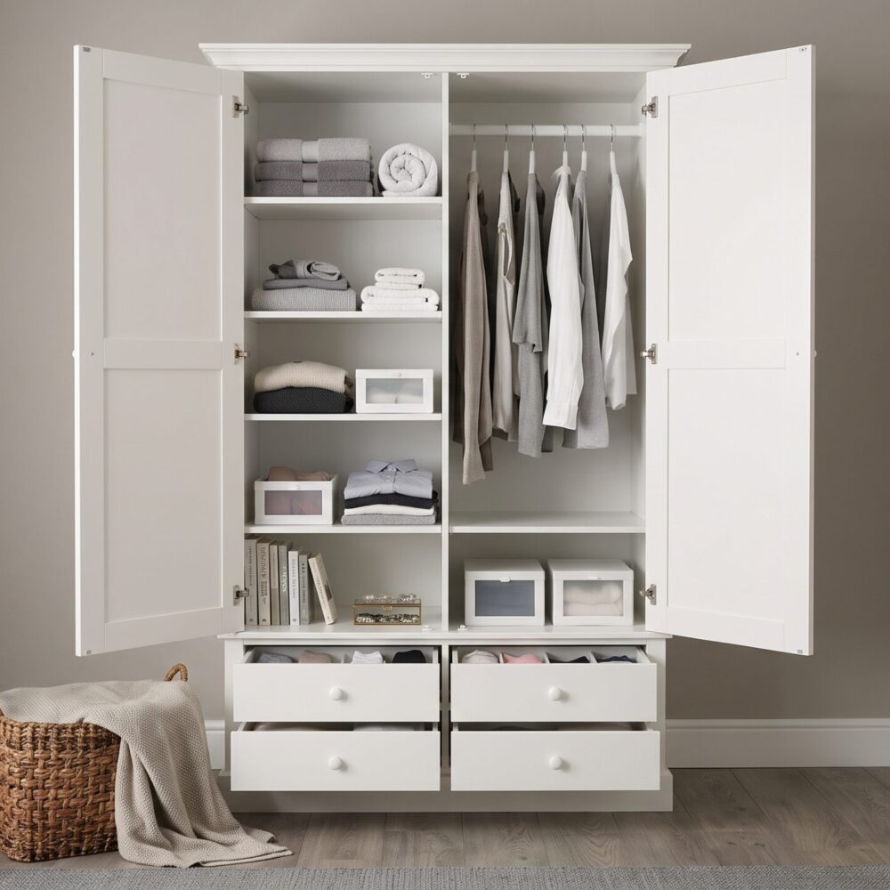 Modern white 2-door wardrobe with four drawers, hanging rail, adjustable shelves, and spacious bedroom storage for clothes, linens, and accessories.